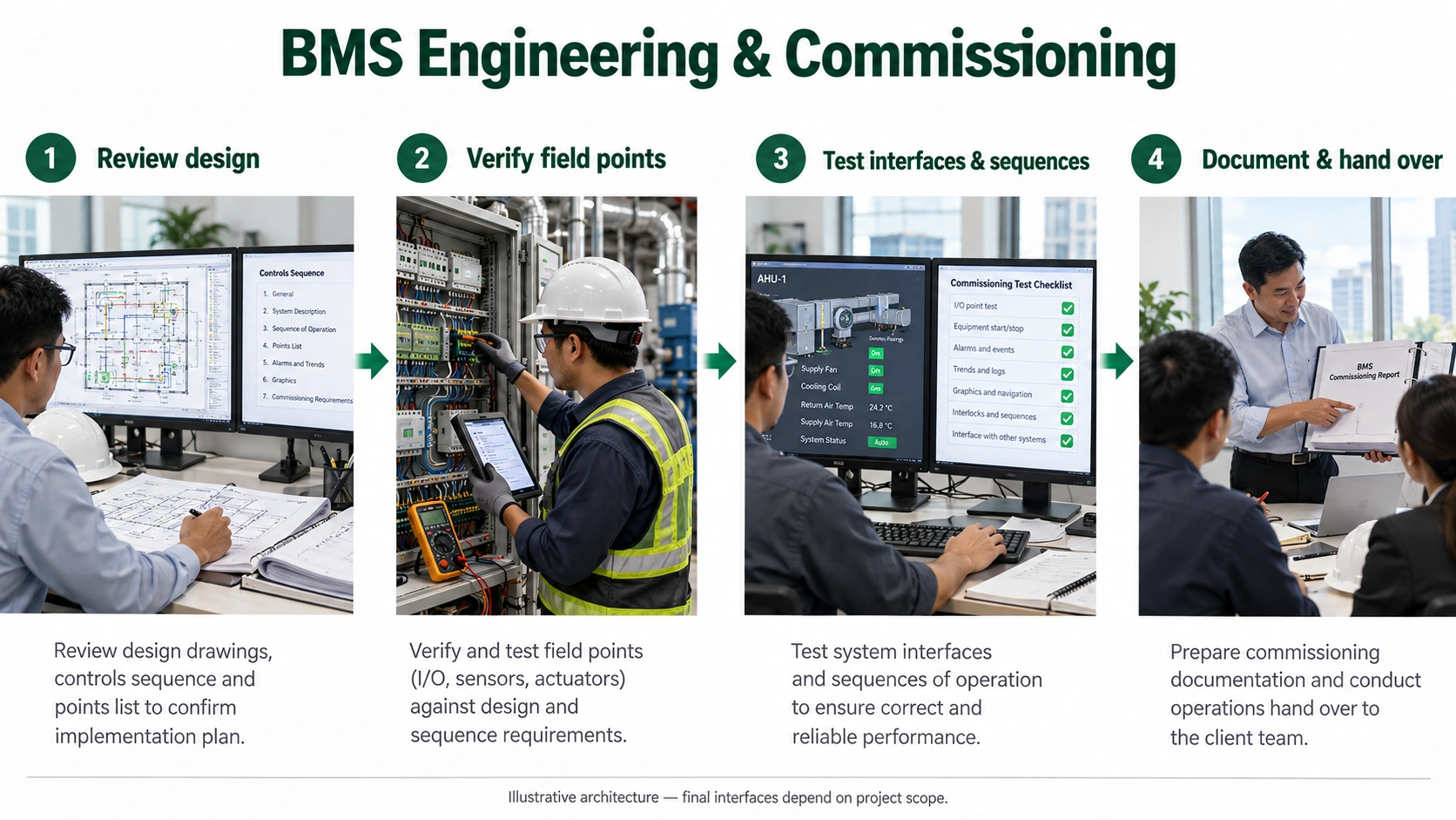 Engineers translate design requirements into field checks, integrated tests and documented handover results.
