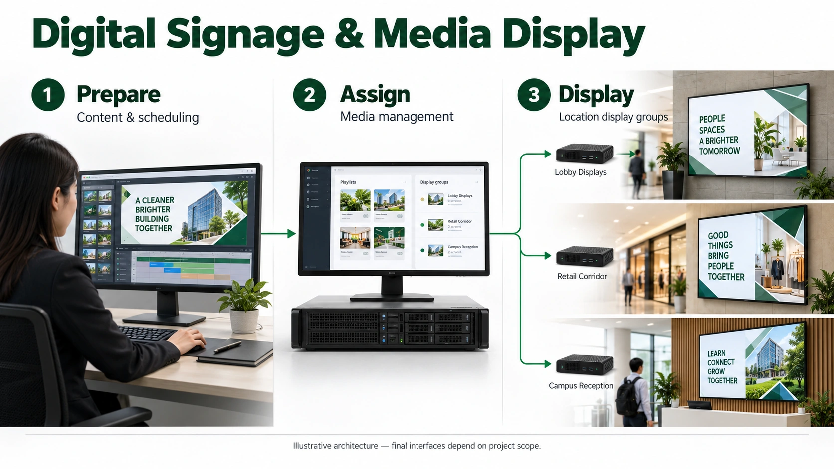 Approved content is assigned to display groups and schedules. Connected players present the relevant information at each location.
