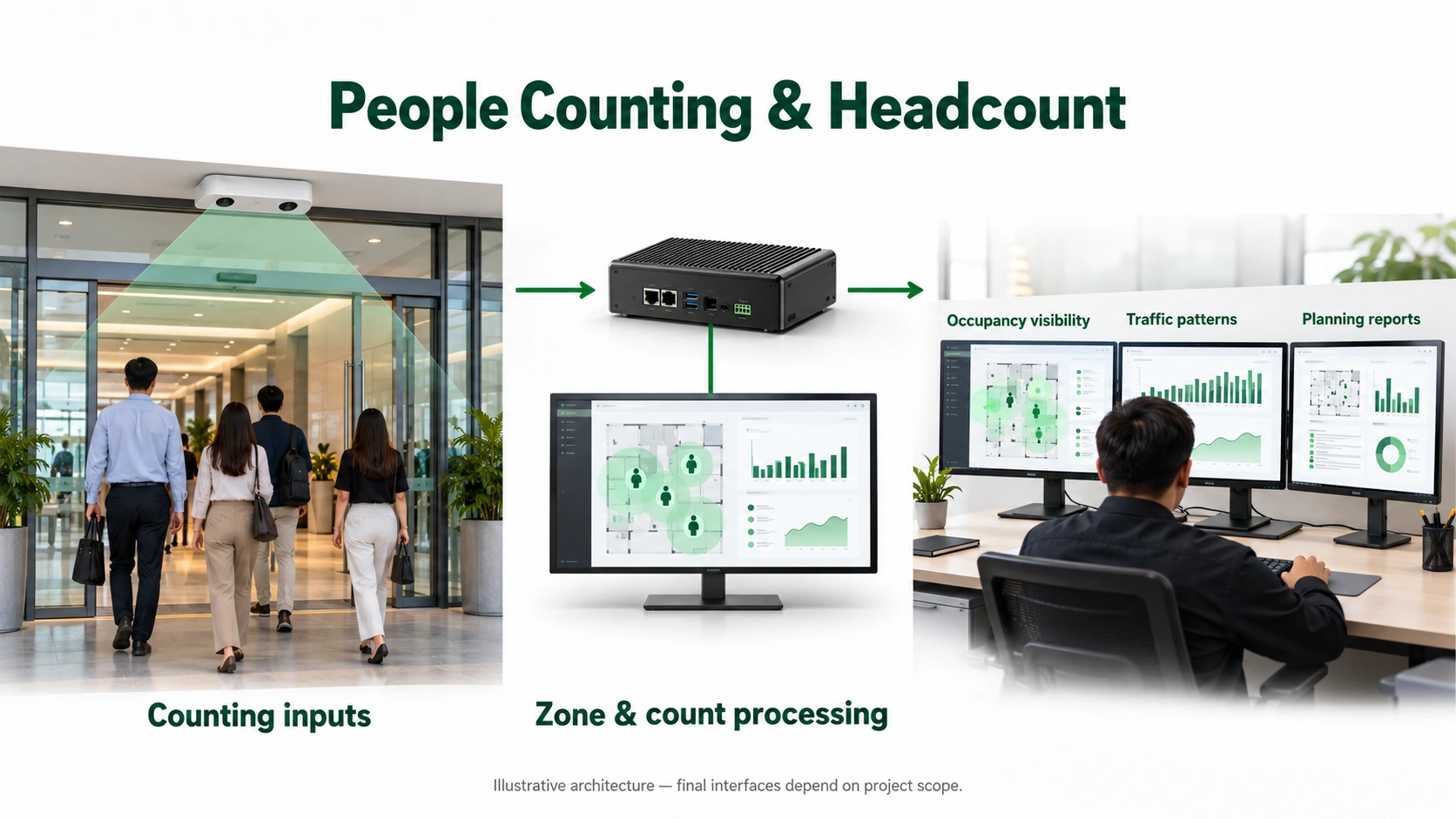 Counting inputs are validated for agreed zones. Teams review occupancy and traffic patterns for operational planning.